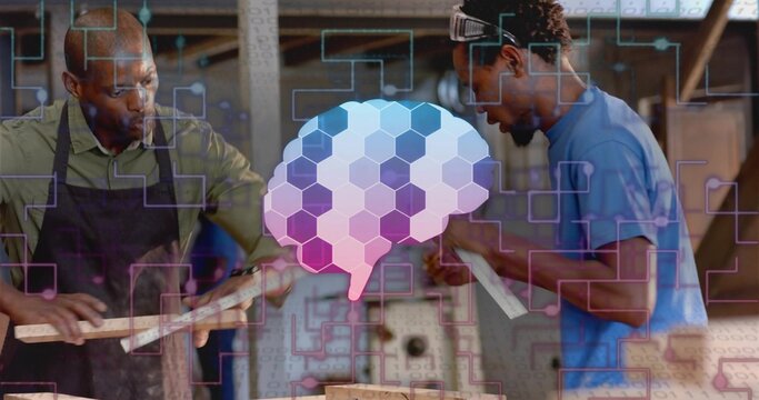 Planing and sanding coworkers shaping wooden planks at workshop bench, with digital brain overlay - Powered by Adobe