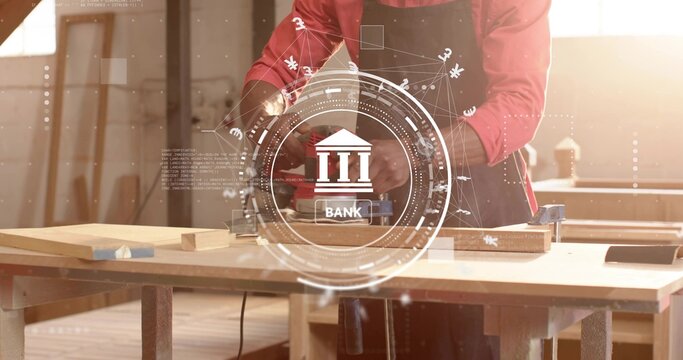 Crafting African-American carpenter in red shirt shaping wood plank at shop, with bank icon overlay