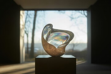 Contemporary glass sculpture displayed in art gallery with natural light