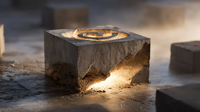 Floating grid blocks casting glowing spiral symbolize digital structure and futuristic design representing abstract technology innovation and the flow of data in a modern virtual space