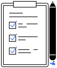 Clipboard with checklist, blue checkmarks, and pencil. Ideal for organization, planning, productivity, task management, evaluation auditing note-taking. Simple flat metaphor