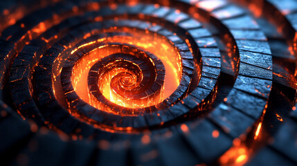 Floating grid blocks casting glowing spiral symbolize digital structure and futuristic design representing abstract technology innovation and the flow of data in a modern virtual space