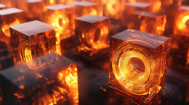 Floating grid blocks casting glowing spiral symbolize digital structure and futuristic design representing abstract technology innovation and the flow of data in a modern virtual space