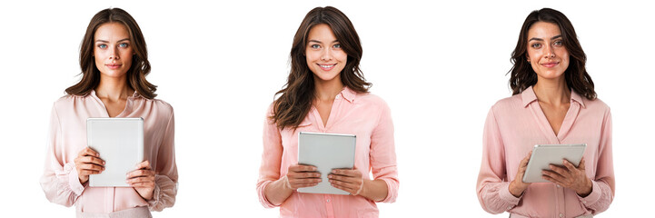 Fototapeta premium Set of businesswomen with digital tablets, isolated on transparent background