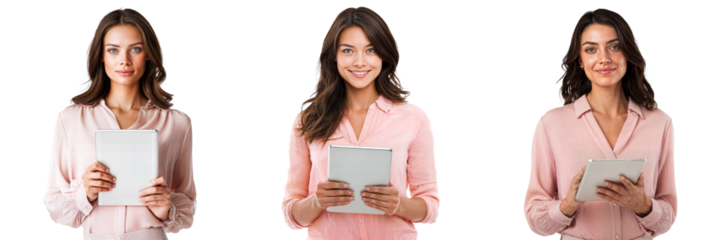 Set of businesswomen with digital tablets, isolated on transparent background