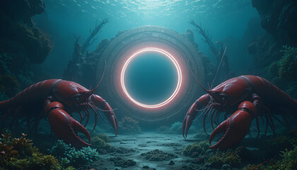 Two lobsters guarding a mysterious portal under the sea surreal underwater scene fantasy concept