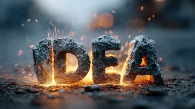 Unleash your burning idea with dynamic animation, ignite your creativity and innovation with stone letter visuals sparking powerful thoughts and energy