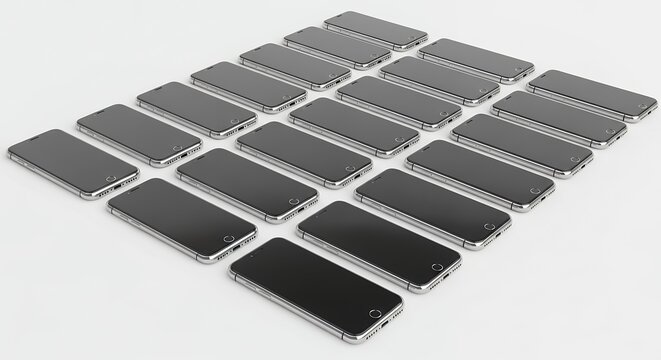 Array of modern smartphones arranged on a white surface for technology concepts
