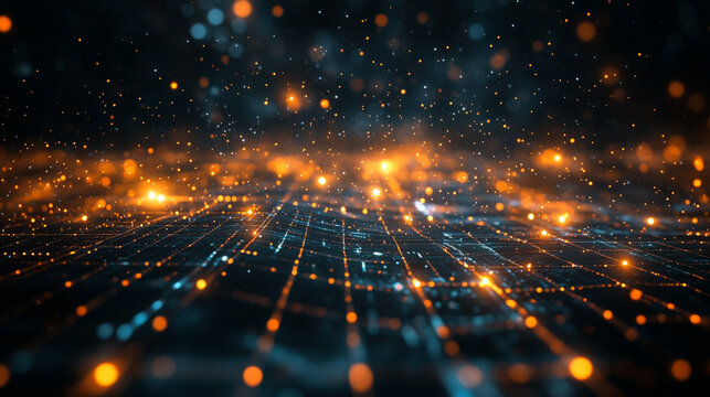 A floating grid suspended in space with glowing highlights, emphasizing futuristic structure, digital aesthetics, and ethereal luminosity in a hyperrealistic style.