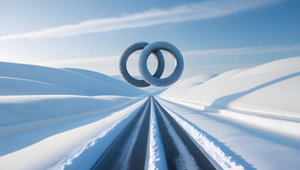 Abstract winter landscape with snowy hills and a road surreal 3D rendering cold season concept