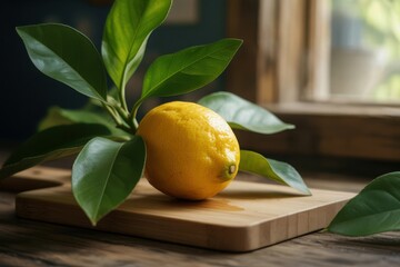 Ripe citrus fruit with green leaves artfully arranged on a rustic wooden surface near a window