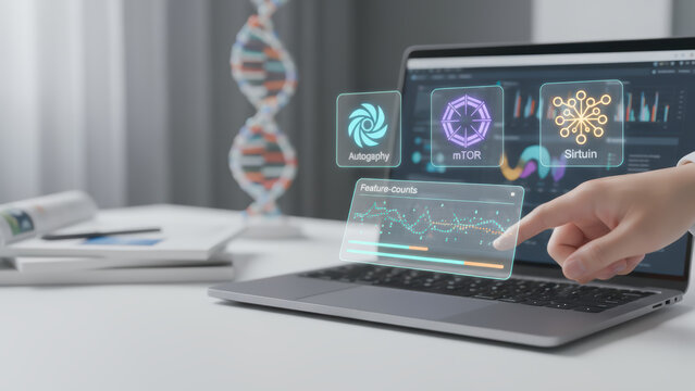 Longevity research concept with digital data analysis on laptop screen and DNA model in background for scientific study - Powered by Adobe