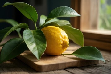 Close-up of a ripe lemon on a wooden board with lush green leaves sunlight