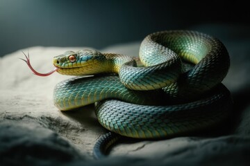 Dramatic close-up portrait of a coiled green snake on a textured surface