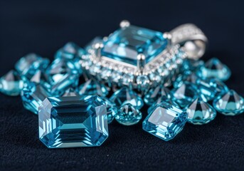 Luxury emerald cut blue topaz gemstone surrounded by brilliant jewels and a diamond pendant