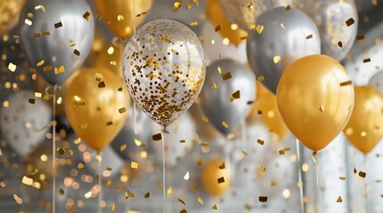 A festive scene featuring a mix of gold silver and confetti filled balloons creating a celebratory atmosphere - Powered by Adobe