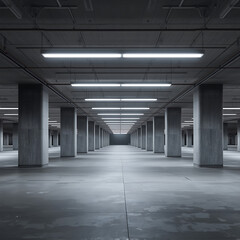 Modern empty concrete parking garage features a spacious interior defined by rows of columns and an overhead lighting system, creating a stark yet functional environment.