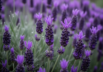Detailed view of vibrant purple spanish lavender flowers blooming in a field