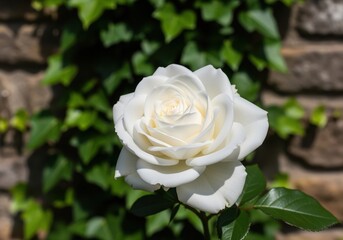 Pristine white rose bloom in a sunny garden against a stone wall covered with green ivy.