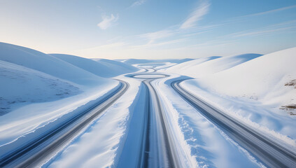 Snowy roundabout and roads in winter landscape aerial view of transportation infrastructure cold season travel concept