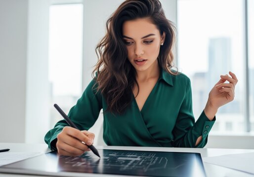Focused young businesswoman sketching architectural plans using a stylus and tablet
