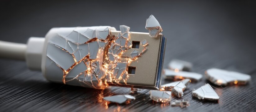 Broken electrical plug with exposed wires and sparks.