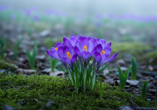 Vibrant purple crocus flowers blooming in green moss on a misty spring morning