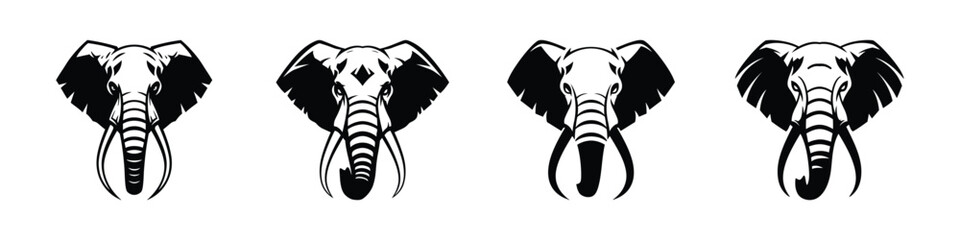 Collection of Elephant Head Icons in Black and White