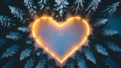 Heart shaped frozen lake surrounded by snow covered pine trees winter landscape with glowing heart romantic nature scene