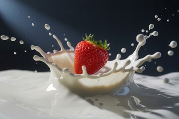 Juicy strawberry plunges into creamy milk creating a refreshing splash