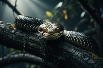 Close-up low-angle shot of a large dark snake resting on a tree branch in lush greenery