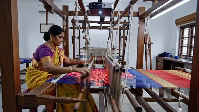 Indian artisan weaving traditional fabric using advanced technology in a modern workshop showcasing India's innovative future and rich cultural heritage