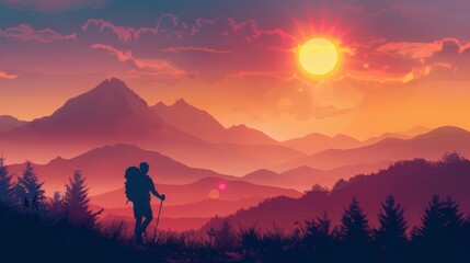 Obraz premium Hiker silhouetted against a vibrant sunset over majestic mountains