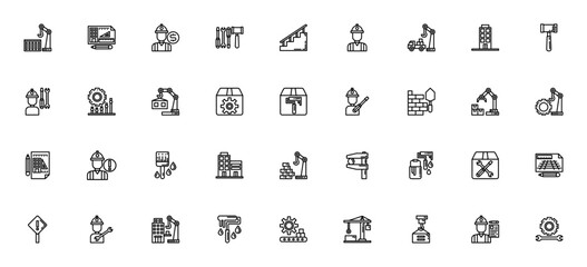Construction icon set. Vector illustration. Minimalit icons pack. Includes symols for crane, blueprint, ngineer, tools, building, echanic, robotic arm, manuacture and more.