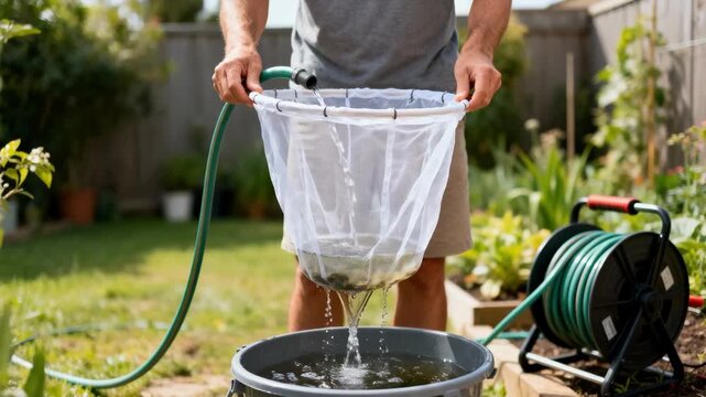 Medium shot of a homeowner filtering greywater through a simple mesh filter system for safe reusing in garden irrigation.