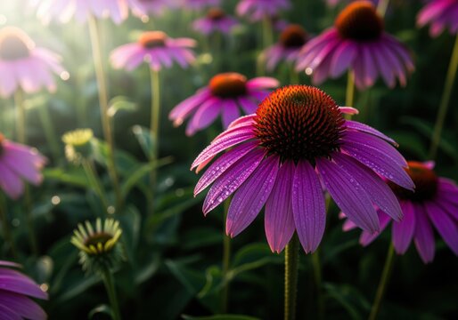 Vibrant purple coneflower field illuminated by golden morning sun rays and covered in dew.