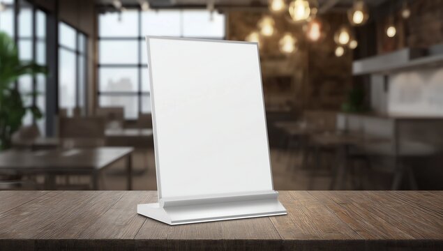 Mock up Menu frame in Bar restaurant, Stand for booklets with white sheets of paper acrylic tent card on wooden table on cafeteria blurred background.  - Powered by Adobe