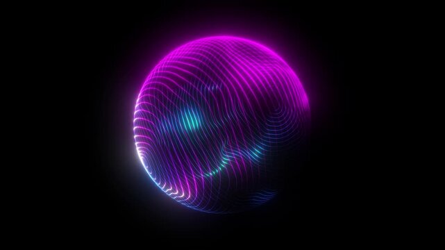 Abstract glowing cyan magenta gradient sphere on black isolated background. 3D sphere of wavy pink blue curved lines. 4K 60fps loop. Trendy round twisted shape with vector wavy texture smoothly