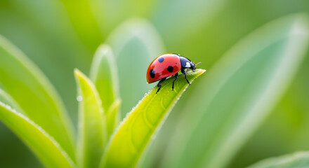 Fototapeta premium Ladybug resting on a vibrant green leaf in nature