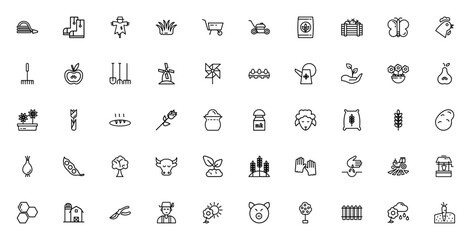 Agriculture & gardening icon set. Vector illustratio. Farm life symbols includng hose, boots, scarecrow,tractor, farmer, harvest, rops, tools and more.