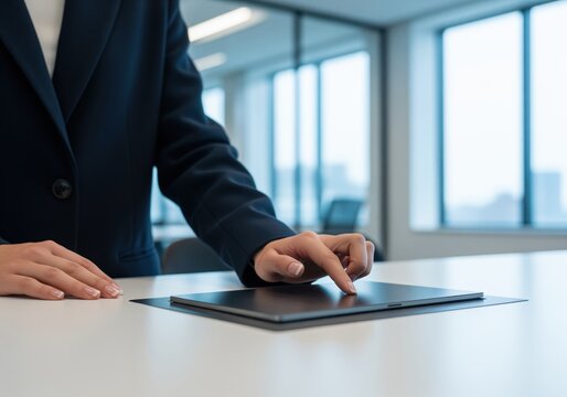 Close up of a businesswoman hand touching a trackpad in a modern office setting. - Powered by Adobe