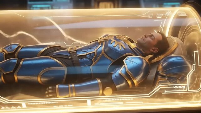 Futuristic soldier in cryo sleep chamber with glowing energy.