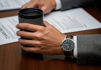 Close up of a businessman hand holding a travel coffee mug while wearing a classic leather watch over documents