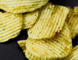 Crispy Herb Seasoned Potato Chips With Pepper, Close-up Shot
