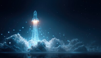 Digital rocket launch through dark clouds with glowing network connections