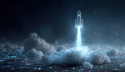 Rocket launch through digital clouds with glowing network connections.