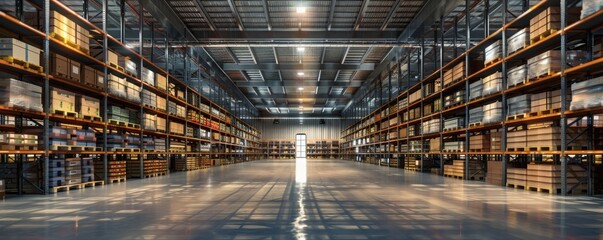 Fototapeta premium Large warehouse interior with rows of stacked pallets and boxes
