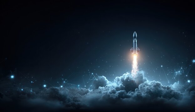 Space shuttle launches through dark clouds with glowing network connections. - Powered by Adobe