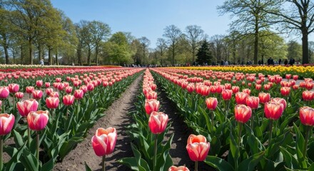 Rows of vibrant tulips in a garden