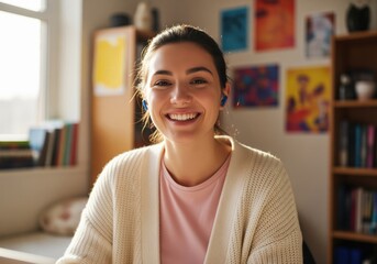 Smiling young woman with earbuds participating in a virtual online class or meeting